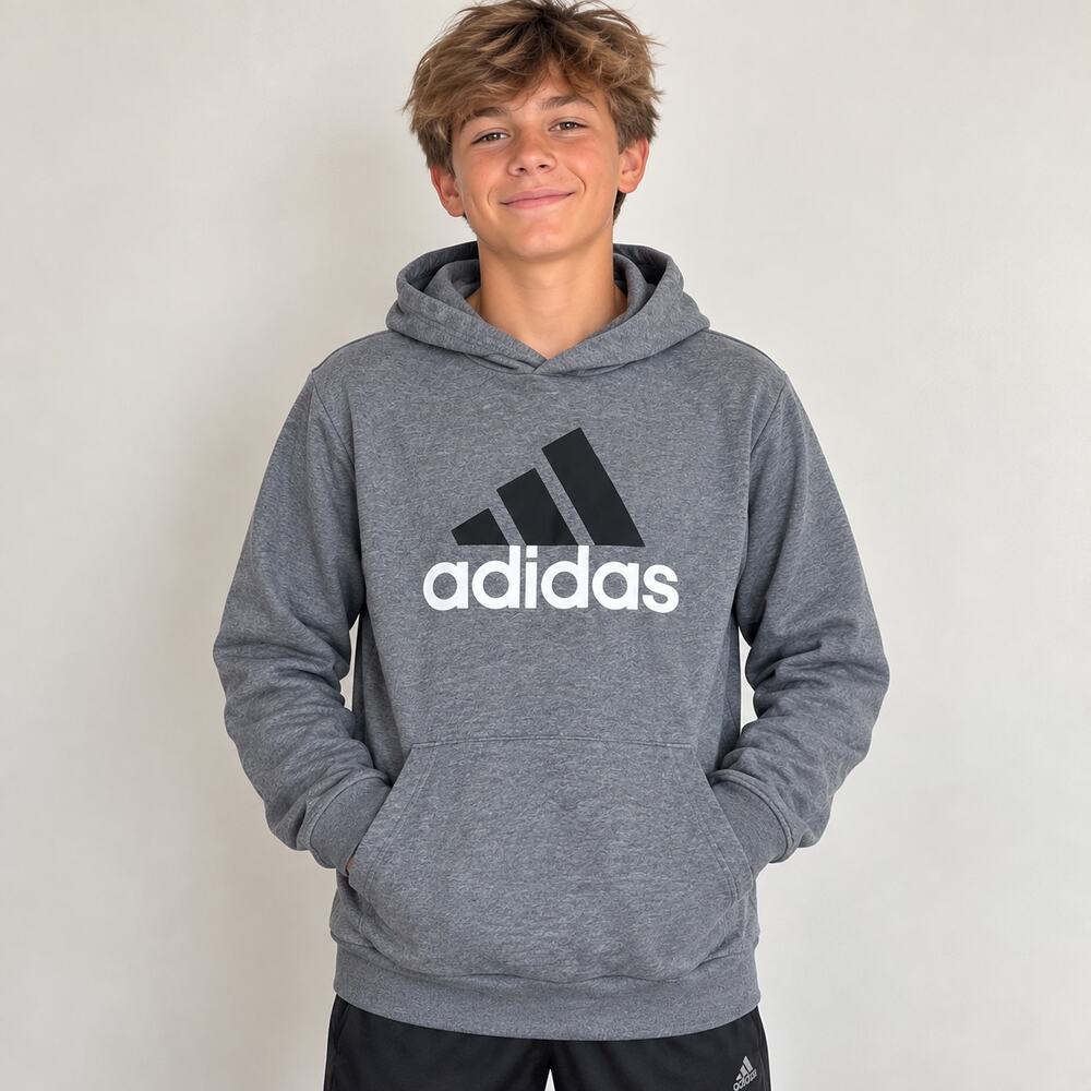 Adidas Boys Gray Pullover Hoodie Size Large 14/16 Black White Logo